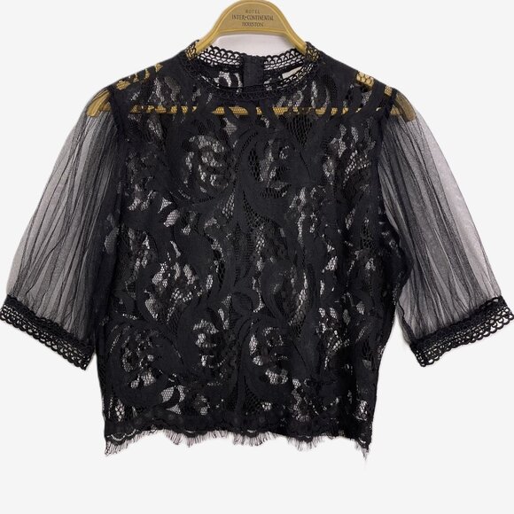 *Peach Sheer Allover Lace Puffy Sleeve Cropped Blouse Size L - Picture 1 of 13